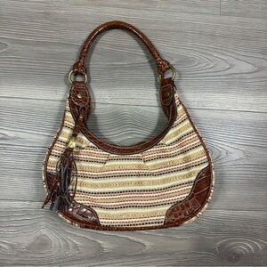 Woven Metallic Accent Shoulder Bag with Faux Leather Trim & Tassel Boho Summer